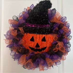 Homemade Halloween Pumpkin Decorative Mesh Purple, Orange and Black wreath
